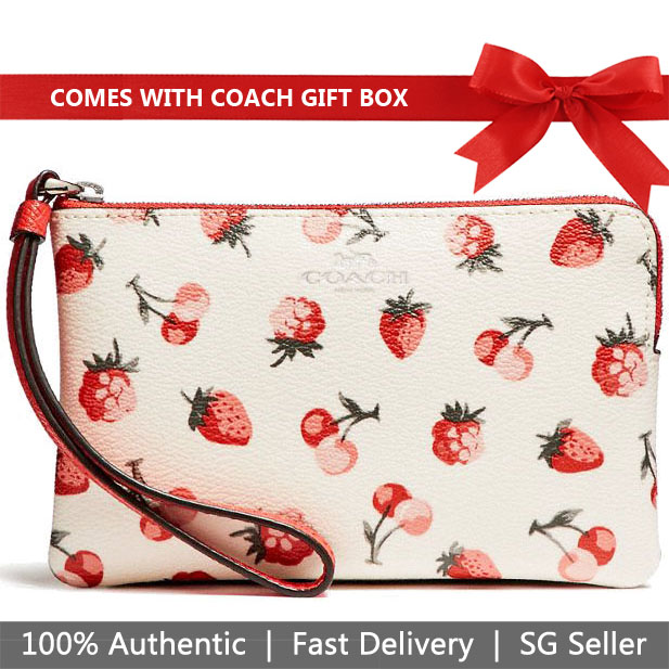 Coach Wristlet In Gift Box Small Wristlet Corner Zip Wristlet With Fruit Print Chalk White Multi / Silver # F23674