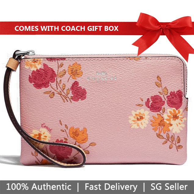 Coach Wristlet In Gift Box Small Wristlet Corner Zip Wristlet With Painted Peony Print Carnation Pink # F73348