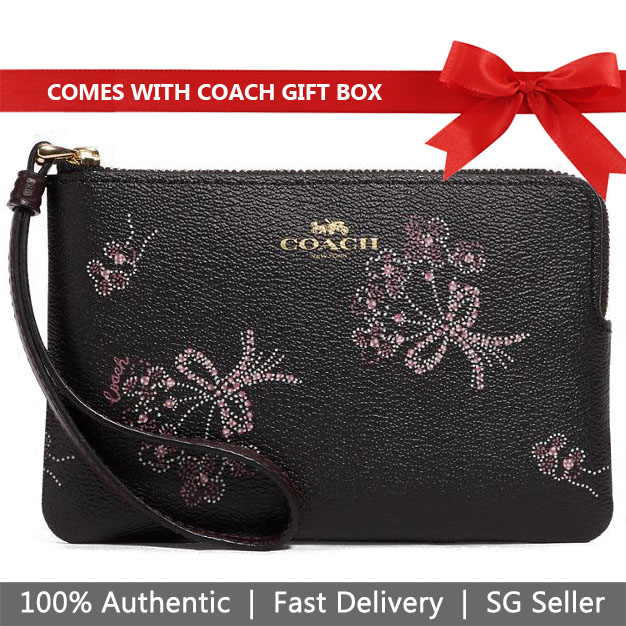 Coach Wristlet In Gift Box Small Wristlet Corner Zip Wristlet With Ribbon Bouquet Print Black Pink # F78093