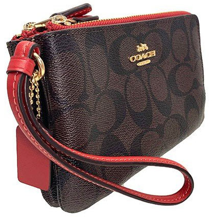 Coach Wristlet In Gift Box Small Wristlet Double Corner Zip Wallet In Signature Coated Canvas Brown / Ruby Red # F87591