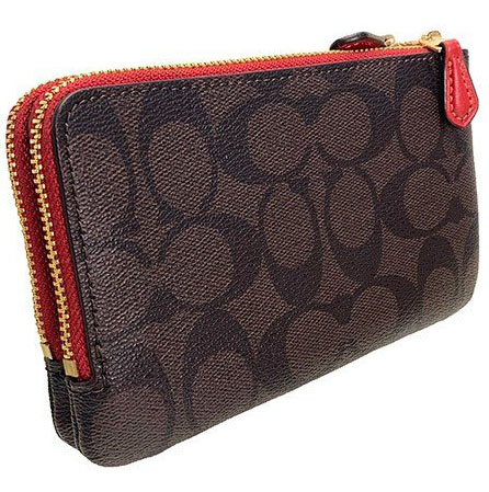 Coach Wristlet In Gift Box Small Wristlet Double Corner Zip Wallet In Signature Coated Canvas Brown / Ruby Red # F87591