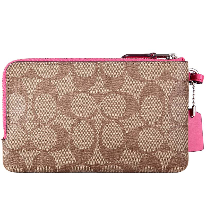 Coach Wristlet In Gift Box Small Wristlet Double Corner Zip Wallet In Signature Coated Canvas Khaki / Magenta Pink / Silver # F87591