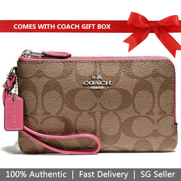 Coach Wristlet In Gift Box Small Wristlet Double Corner Zip Wallet In Signature Coated Canvas Khaki / Magenta Pink / Silver # F87591