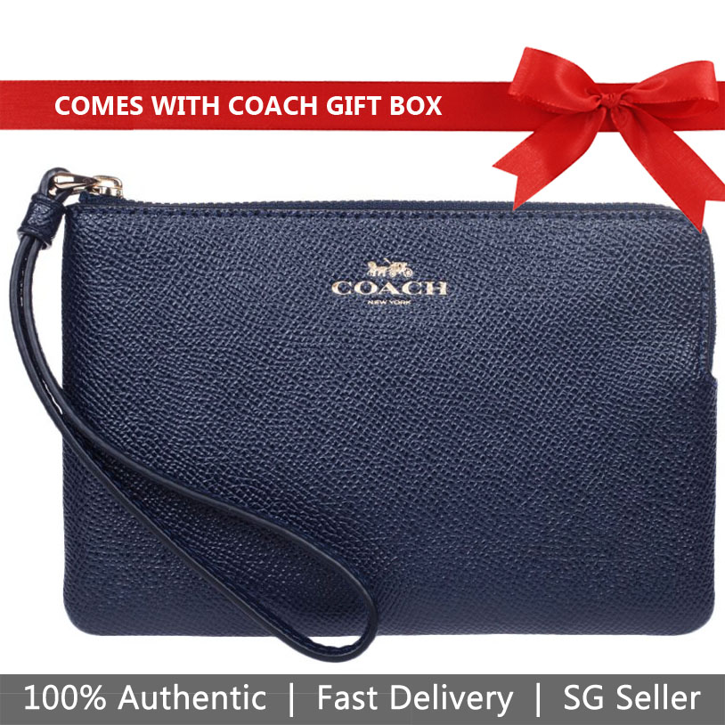 Coach Small Wristlet In Gift Box Corner Zip Wristlet In Crossgrain Leather Midnight Navy Dark Blue / Gold # F58032