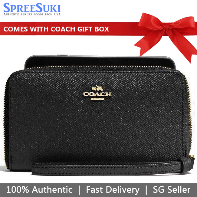 Coach Wristlet In Gift Box Phone Wallet In Crossgrain Leather Black # F58053