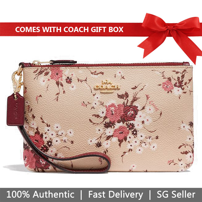 Coach Wristlet In Gift Box Wristlet With Floral Bundle Print Beechwood Nude Beige # 67086