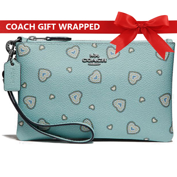 Coach Wristlet With Western Heart Print Light Turquoise Blue # 29667