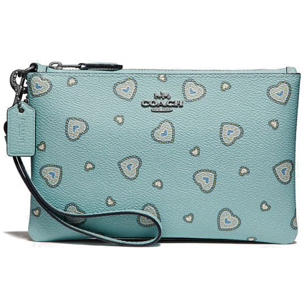 Coach Wristlet With Western Heart Print Light Turquoise Blue # 29667