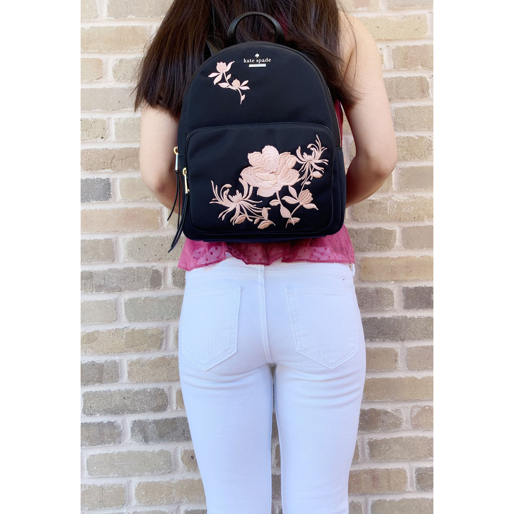 Kate Spade Backpack In Gift Box Dawn Place Embroidered Small Noria Backpack Black / Warm Vellum Beige Nude # WKRU5712