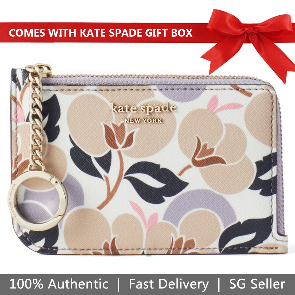 Kate Spade Card Case In Gift Box Cameron Breezy Floral Medium L-Zip Card Holder Purple Neutral # WLRU5417