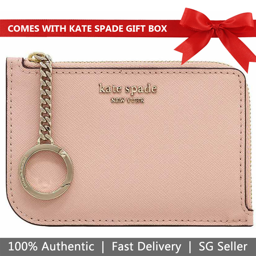 Kate Spade Card Case In Gift Box Cameron Medium L-Zip Card Holder Warm Vellum Nude Beige # WLRU5439