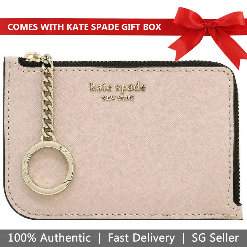 Kate Spade Card Case In Gift Box Cameron Medium Lzip Card Holder Warm Beige / Black # WLRU5491