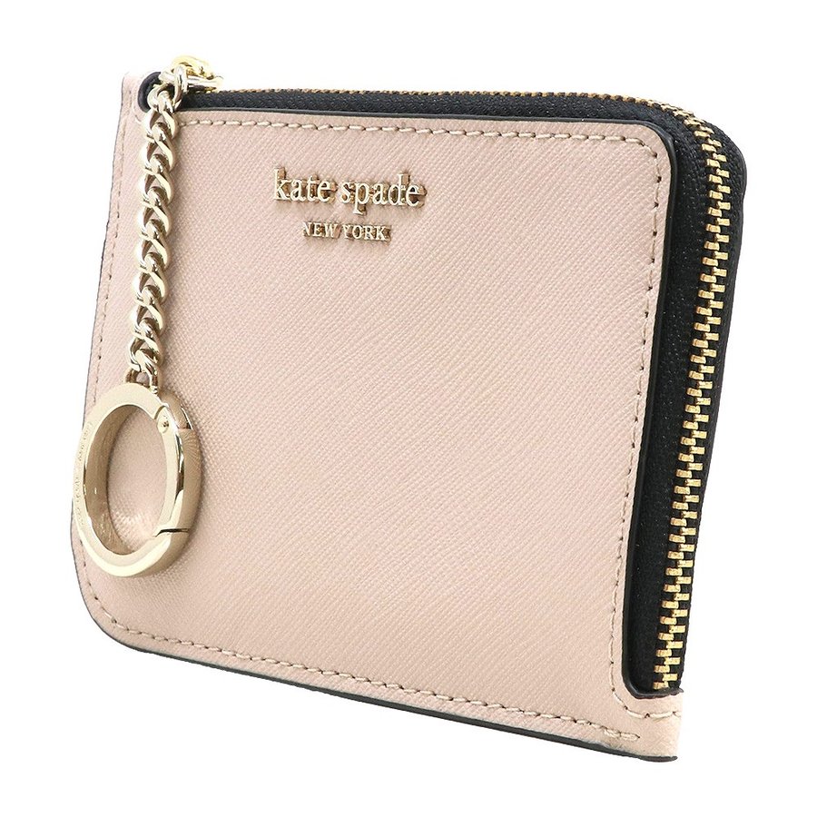 Kate Spade Card Case In Gift Box Cameron Medium Lzip Card Holder Warm Beige / Black # WLRU5491