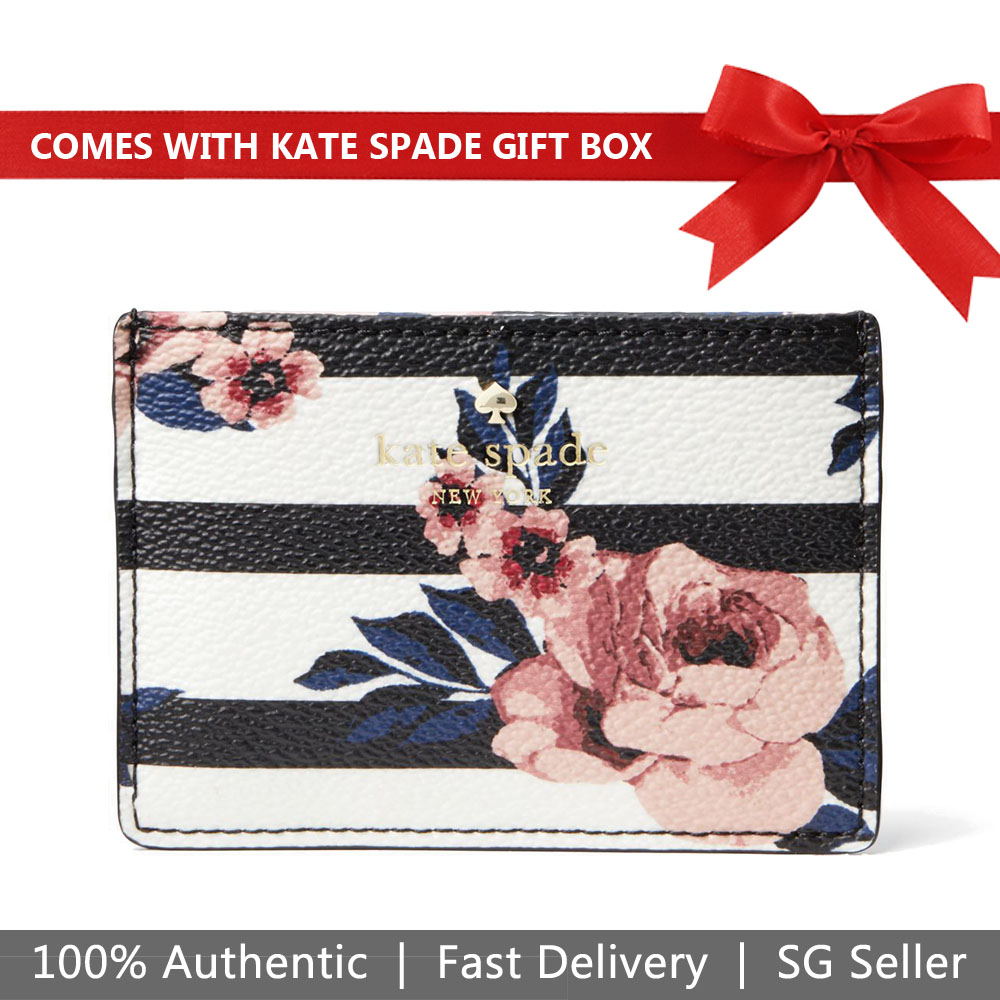 Kate Spade Card Case In Gift Box Hyde Lane Rose Stripe Card Holder Card Case Black Off White Floral # PWRU6589