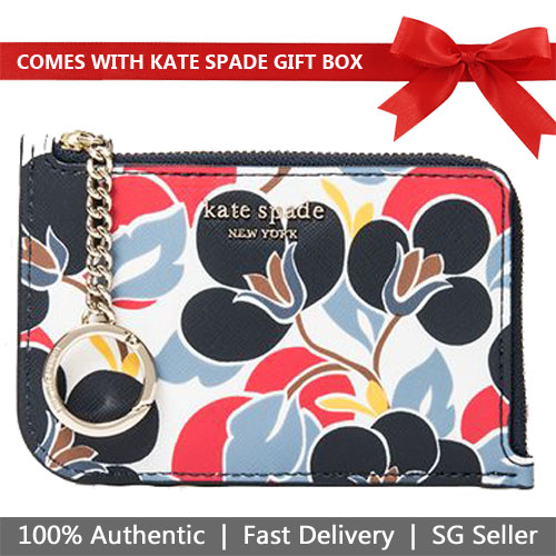 Kate Spade Card Holder In Gift Box Cameron Breezy Floral Medium L-Zip Card Holder Blue Red # WLRU5417