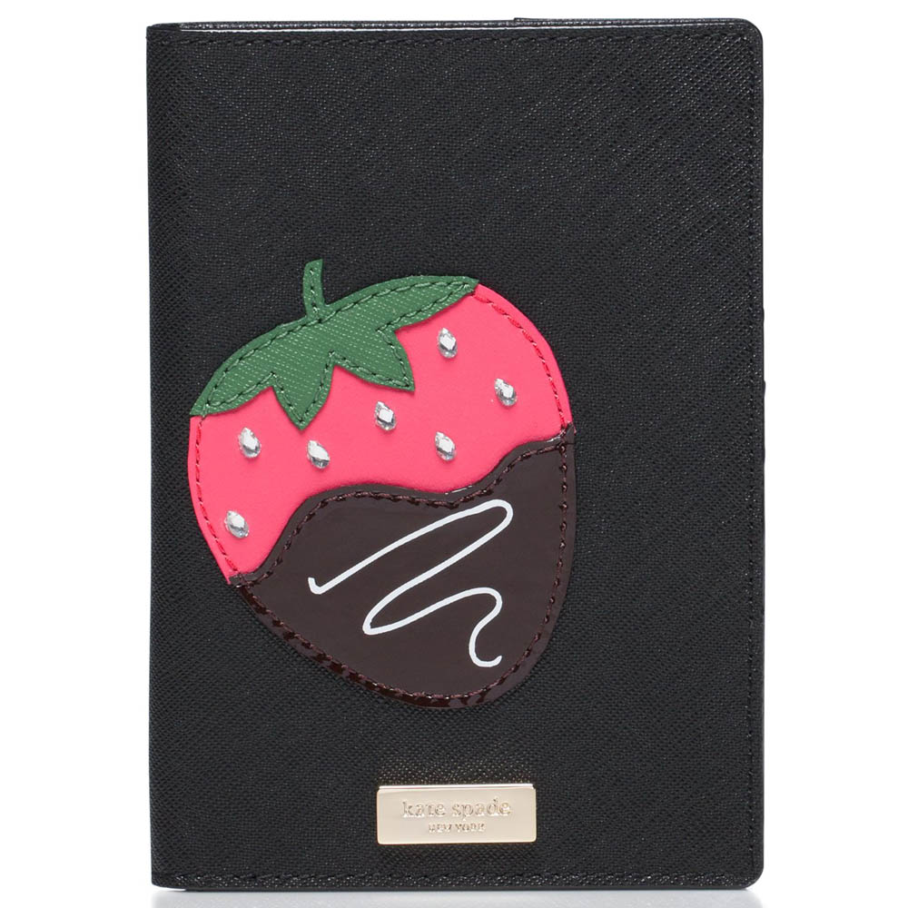Kate Spade Creme De La Creme Imogene Strawberry Passport Holder Black / Strawberry Pink # WLRU2565