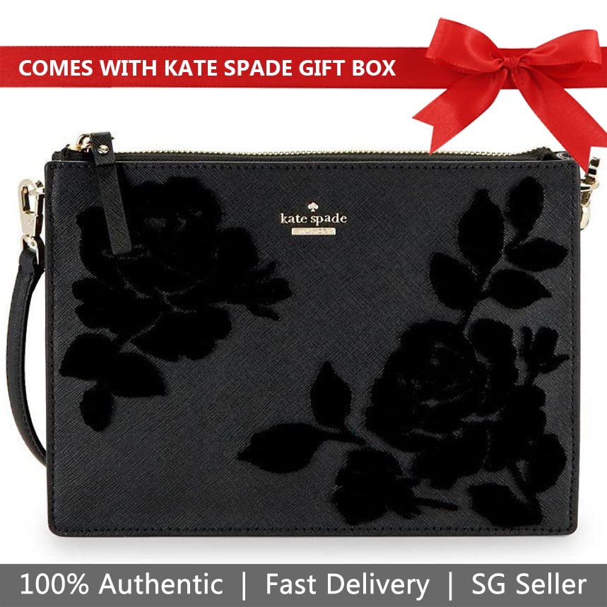 Kate Spade Crossbody Bag In Gift Box Cameron Street Flock Roses Clarise Crossbody Black # PXRU9150