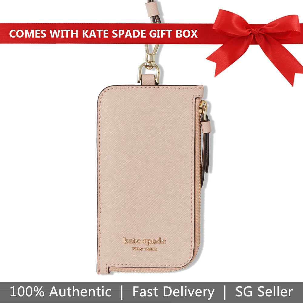 Kate Spade Lanyard In Gift Box Cameron Card Case Lanyard Warm Vellum Nude Pink Beige # WLRU5450