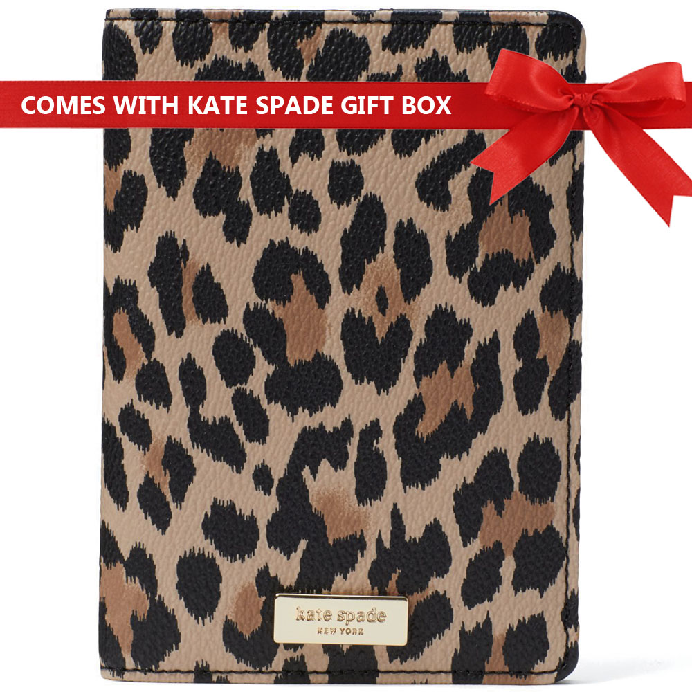 Kate Spade Passport Holder In Gift Box Shore Street Leopard Passport Case Holder Black Brown # WLRU4973