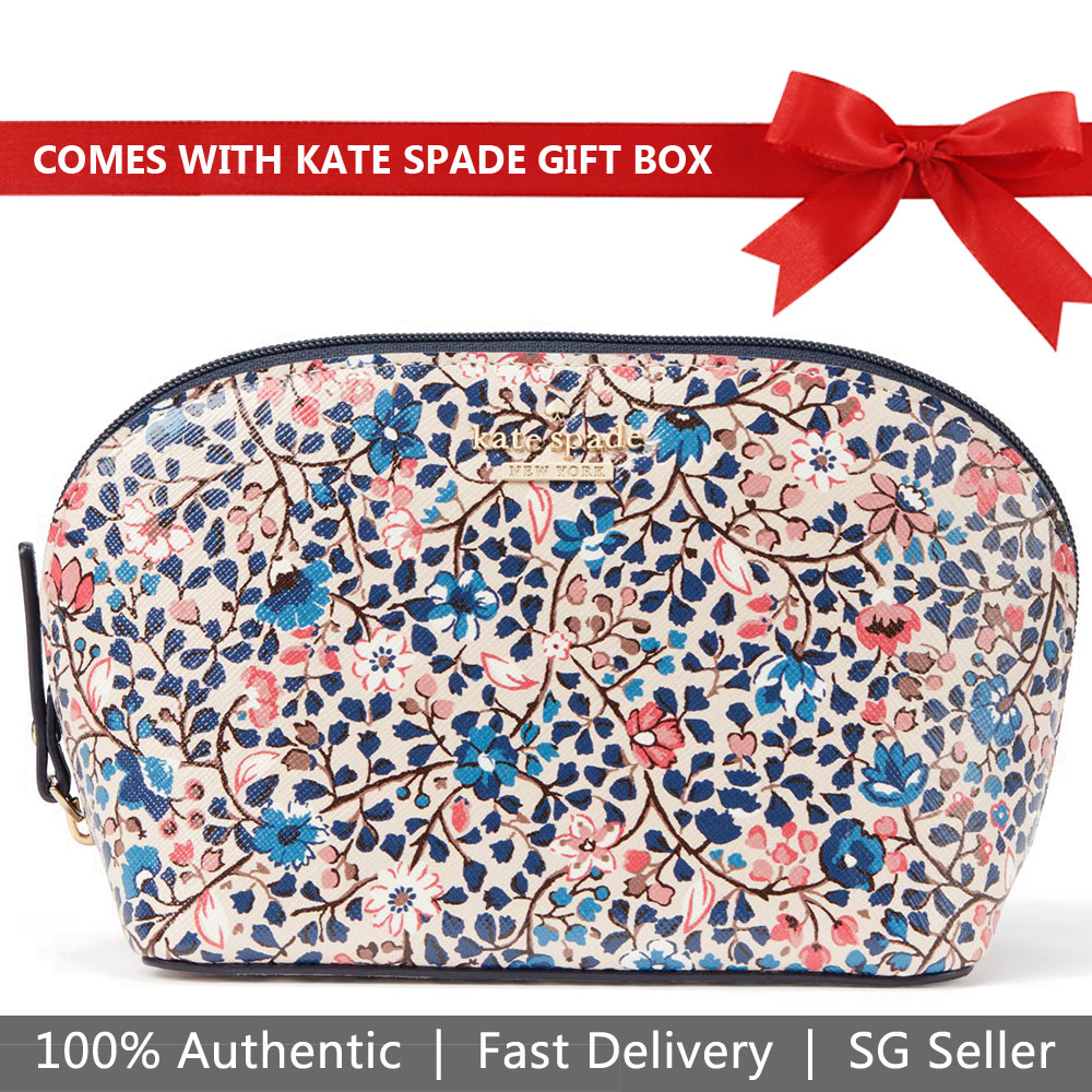 Kate Spade Pouch In Gift Box Cameron Street Ditsy Vine Small Abalene Comestic Pouch Cream Blue Multi # PWRU6564
