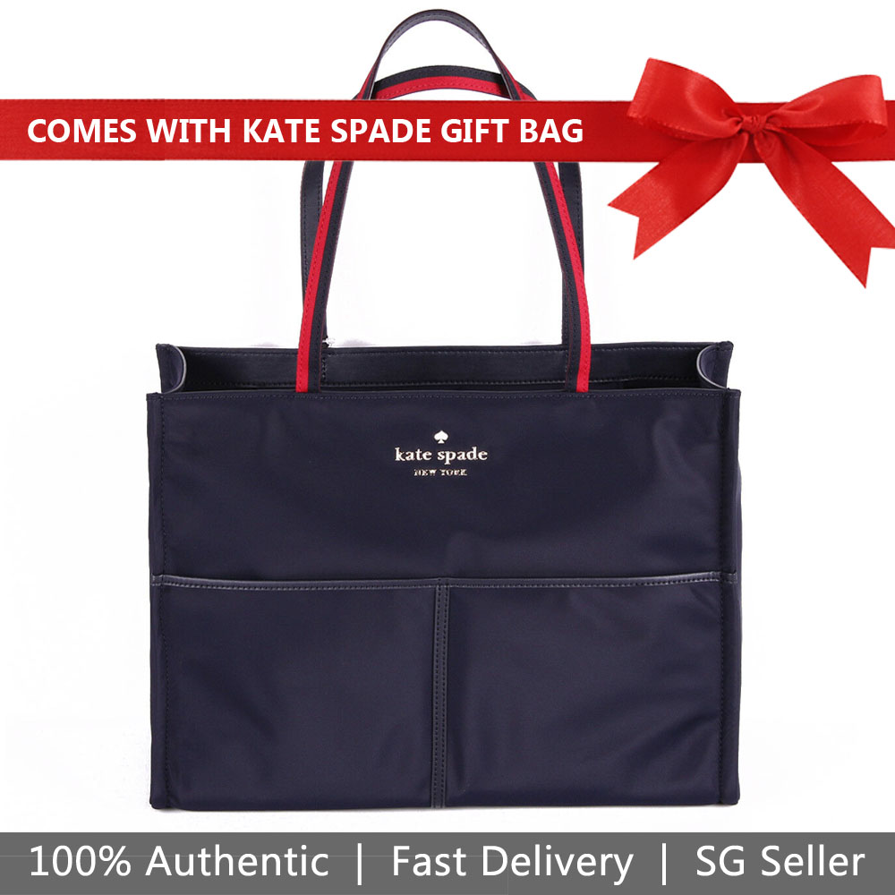 Kate Spade Tote With Gift Bag Watson Lane Varsity Stripe Mega Sam Shoulder Bag Rich Navy Dark Blue # PXRU9452