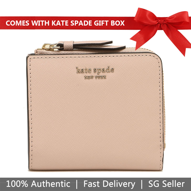 Kate Spade Wallet In Gift Box Cameron Small L-Zip Bifold Wallet Small Wallet Warm Vellum Nude Pink Beige # WLRU5431