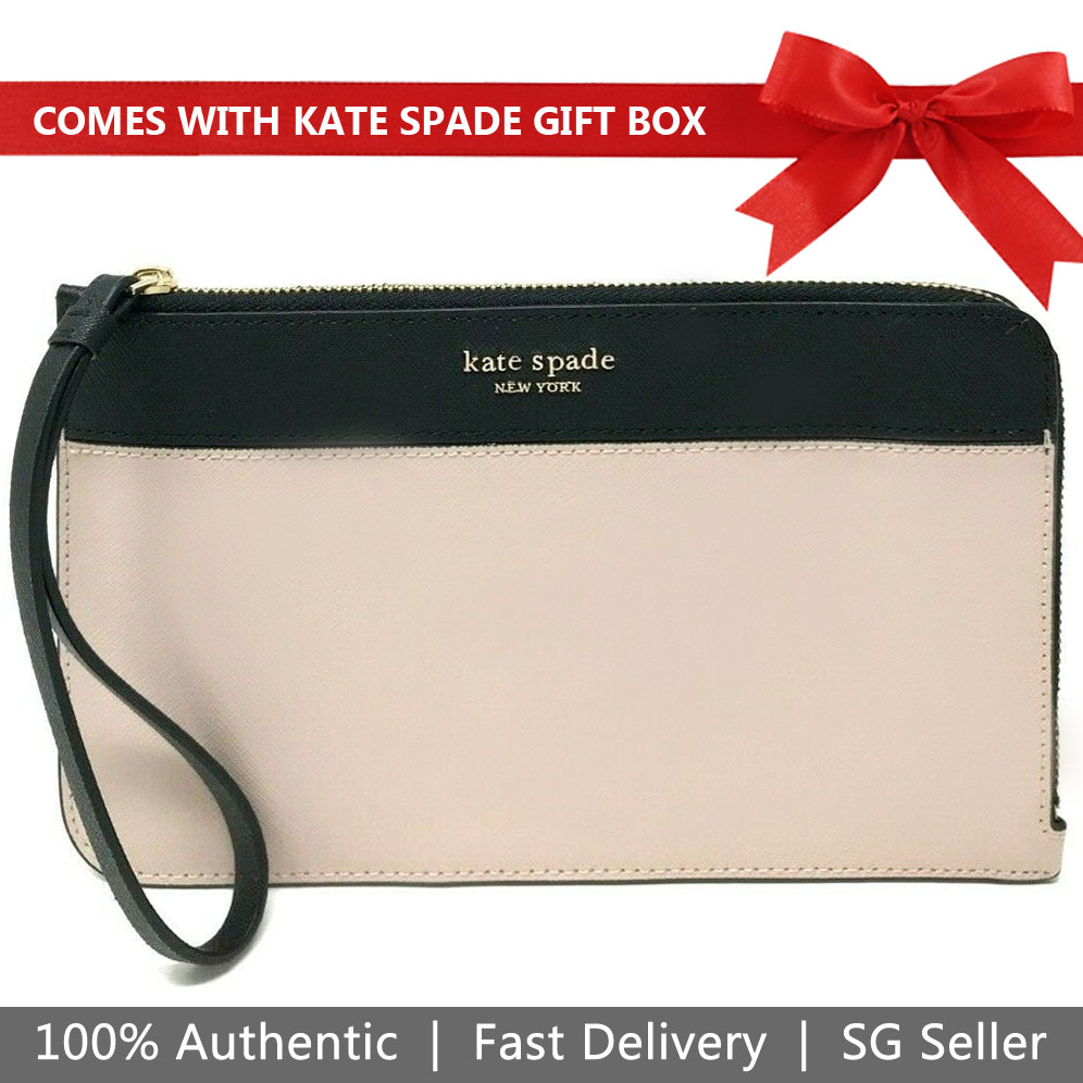 Kate Spade Wristlet In Gift Box Cameron Large L-Zip Wristlet Warm Beige Nude / Black # WLRU5438