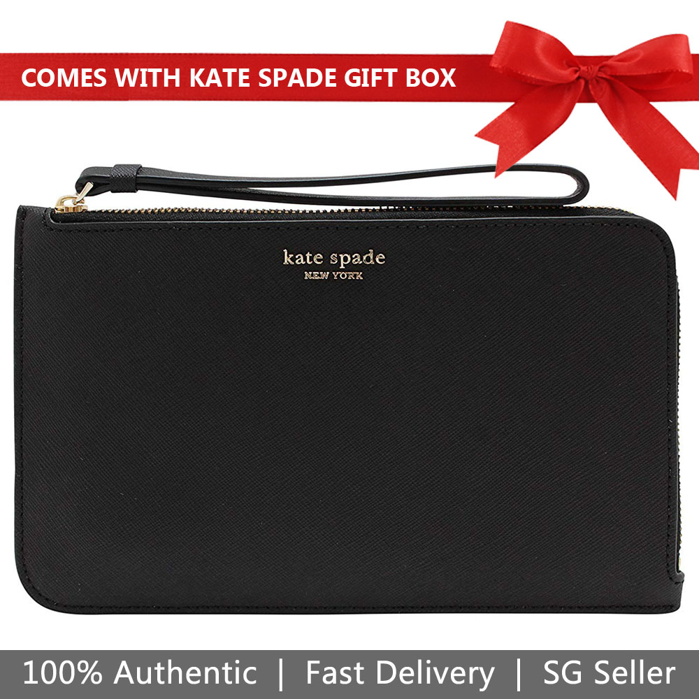 Kate Spade Wristlet In Gift Box Cameron Medium  L-Zip Wristlet Black # WLRU5447