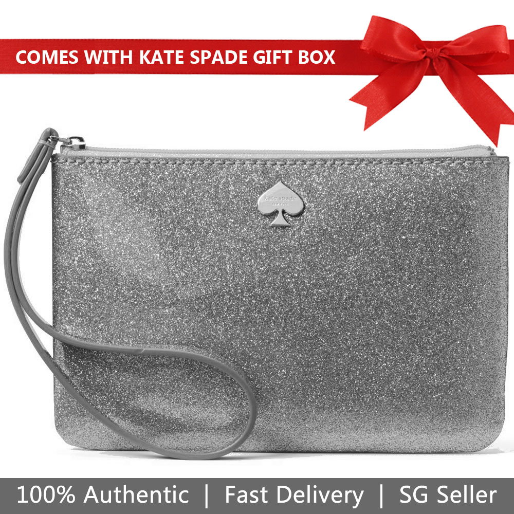 Kate Spade Wristlet In Gift Box Glitter Bug Bethann Wristlet Anthracite Silver # WLRU3281