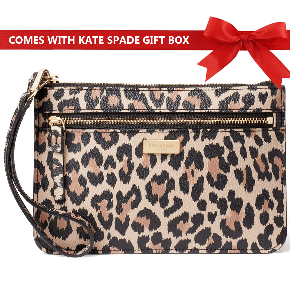 Kate Spade Wristlet In Gift Box Shore Street Leopard Tinie Wristlet Black Brown # WLRU4974
