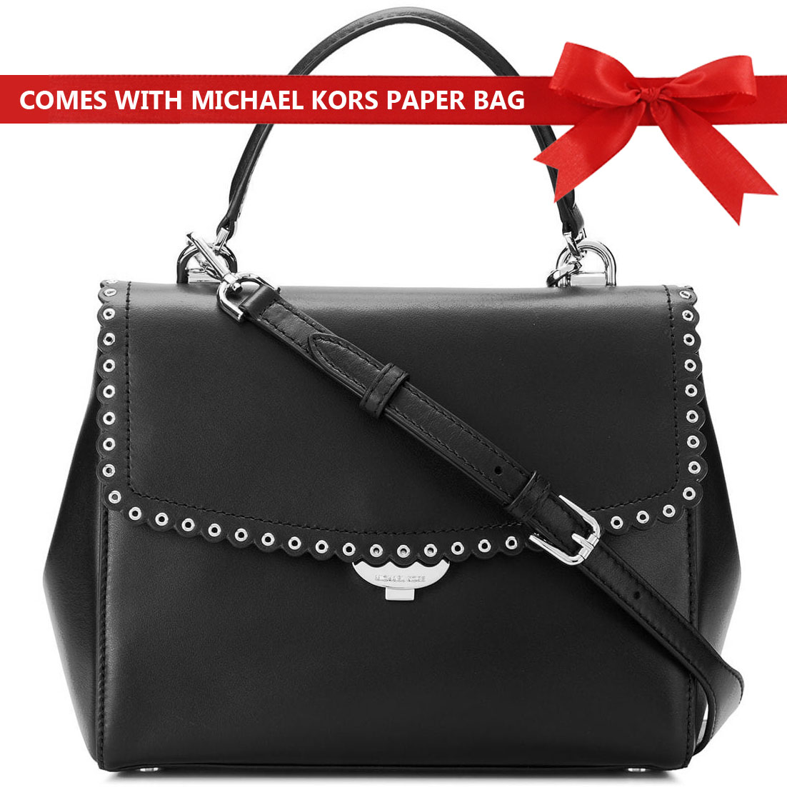 Michael Kors Ava Medium Top Zip Leather Satchel Shoulder Crossbody Bag Black / Silver # 30T8TAVS2I