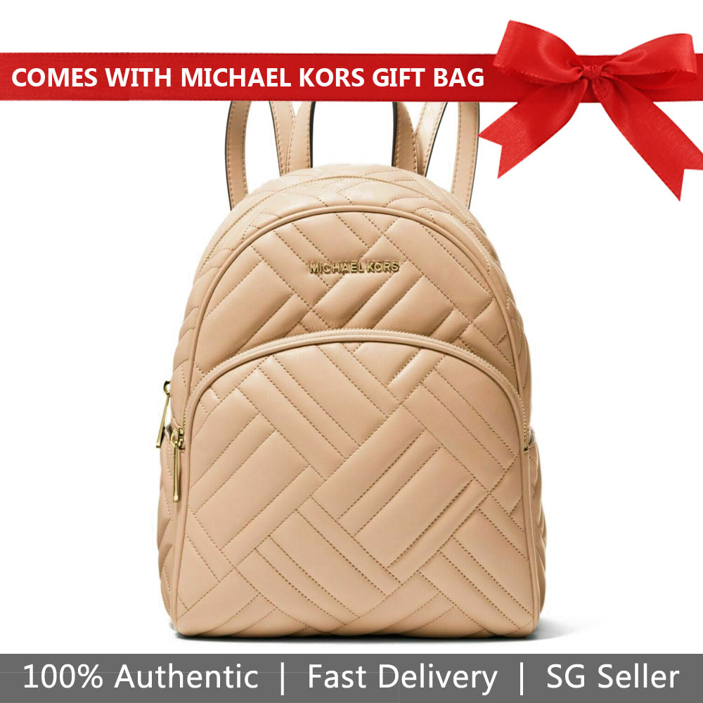 Michael Kors Backpack With Gift Bag Abbey Medium Quilted Leather Backpack Oyster Nude Beige # 35S9GAYB2T