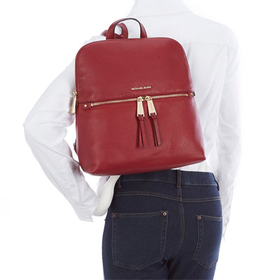 Michael Kors Backpack With Gift Bag Rhea Zip Medium Slim Backpack Leather Maroon Dark Red # 30H6GEZB2L