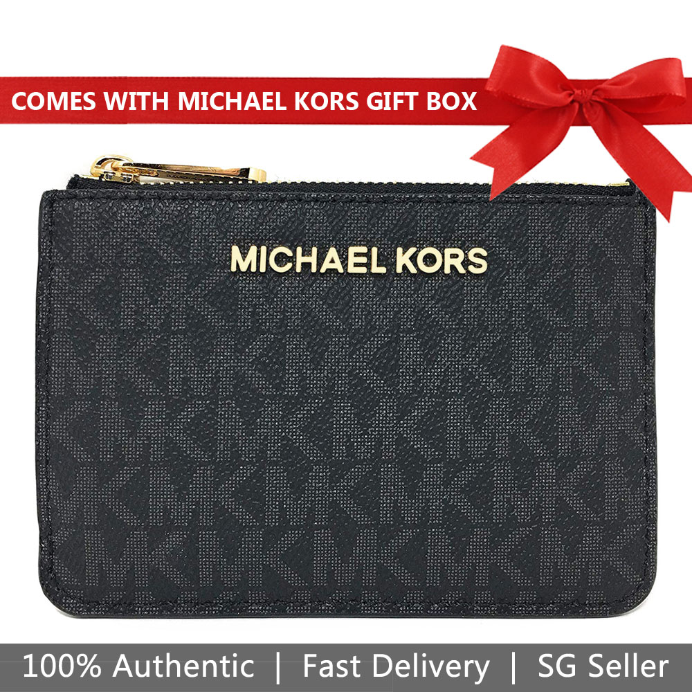 Michael Kors Card Case In Gift Box Jet Set Travel Small Top Zip Coin Pouch With Id Window Coin Case Key Case Black # 35F8GTVP1B