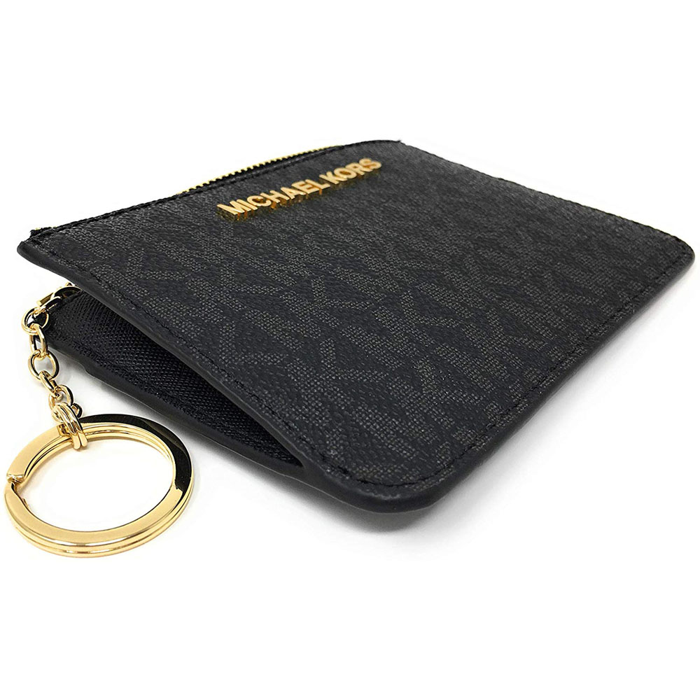 Michael Kors Card Case In Gift Box Jet Set Travel Small Top Zip Coin Pouch With Id Window Coin Case Key Case Black # 35F8GTVP1B