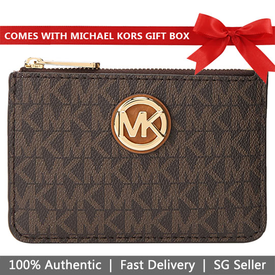 Michael Kors Card Key Case In Gift Box Fulton Small Top Zip Coin Pouch With Id Brown Acorn # 35H8GFTP1B