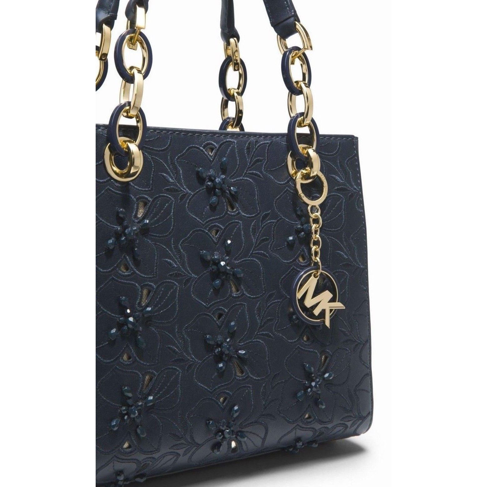 Michael Kors Crossbody Bag Cynthia Small Floral Embroidered Leather Satchel Admiral Navy Dark Blue # 30T8GCYS1I
