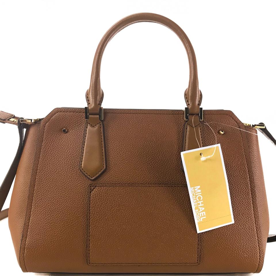 Michael Kors Crossbody Bag Hayes Medium Messenger Leather Satchel Studded Crossbody Bag Luggage Brown # 35F8GYEM6T