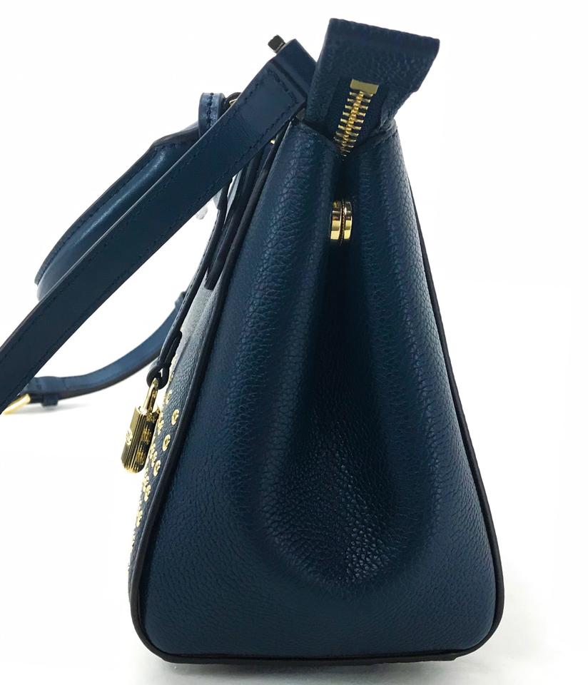 Michael Kors Crossbody Bag Hayes Medium Messenger Leather Satchel Studded Crossbody Bag Navy Dark Blue # 35F8GYEM6T