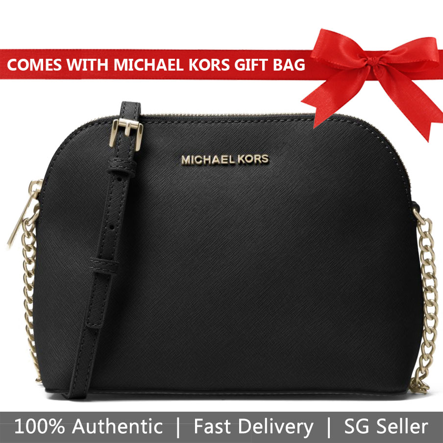 Michael Kors Crossbody Bag In Gift Bag Cindy Large Dome Leather Crossbody Black # 32H4GCPC7L