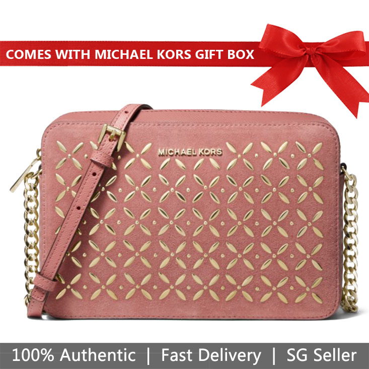 Michael Kors Crossbody Bag In Gift Box Jet Set Large Embellished Leather Crossbody Rose Pink # 32H8TF5C3S