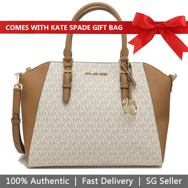 Michael Kors Crossbody Bag With Gift Bag Ciara Large Top Zip Satchel Vanilla Off White / Acorn Brown # 35S9GC6S3B
