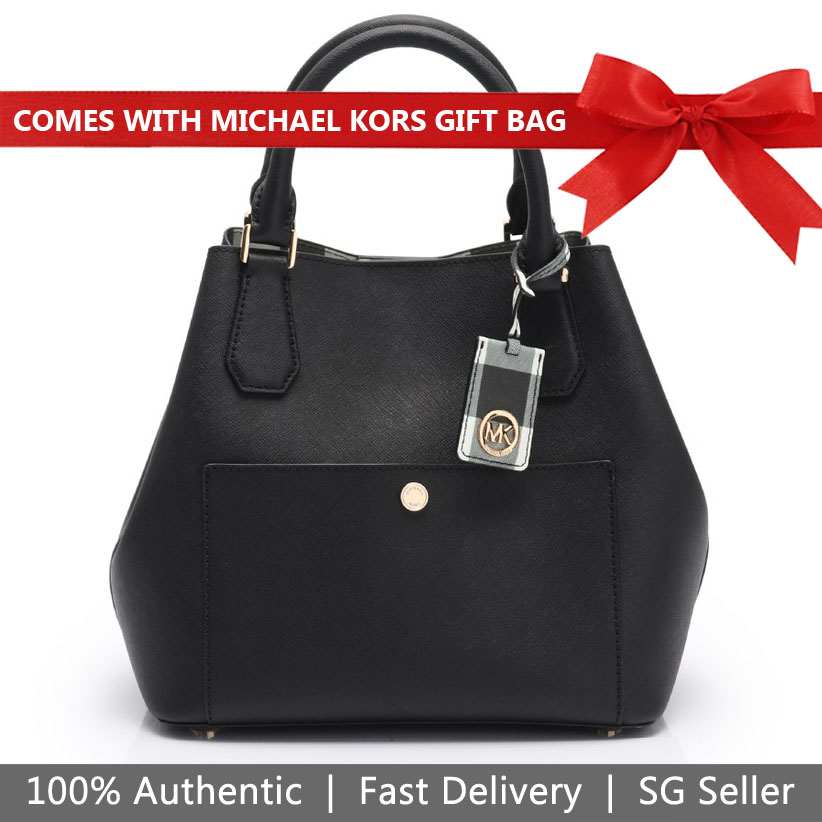 Michael Kors Crossbody Bag With Gift Bag Greenwich Large Leather Grab Bag Bucket Bag Black # 35T8GGRT3T