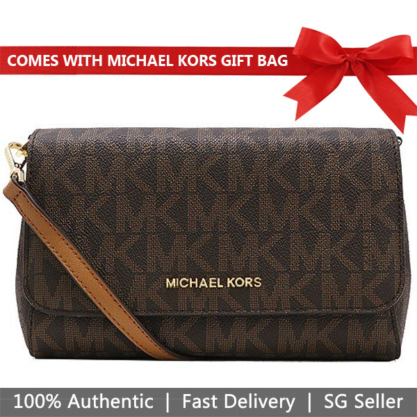 Michael Kors Crossbody Bag With Gift Bag Jet Set Medium Convertible Pouchette Crossbody Bag Brown / Acorn # 35T8GTTU2B