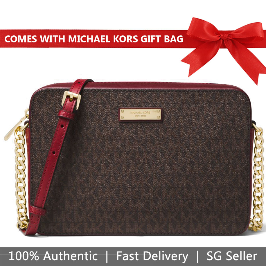 Michael Kors Crossbody Bag With Gift Bag Large East West Crossbody Brown Oxblood Dark Red # 32F8GF5C3B