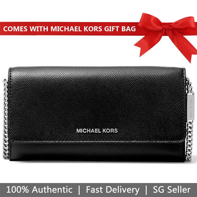 Michael Kors Crossbody Bag With Gift Bag Large Two-Tone Crossgrain Leather Convertible Chain Wallet Black / Pearl Grey # 32H8SF5C3T