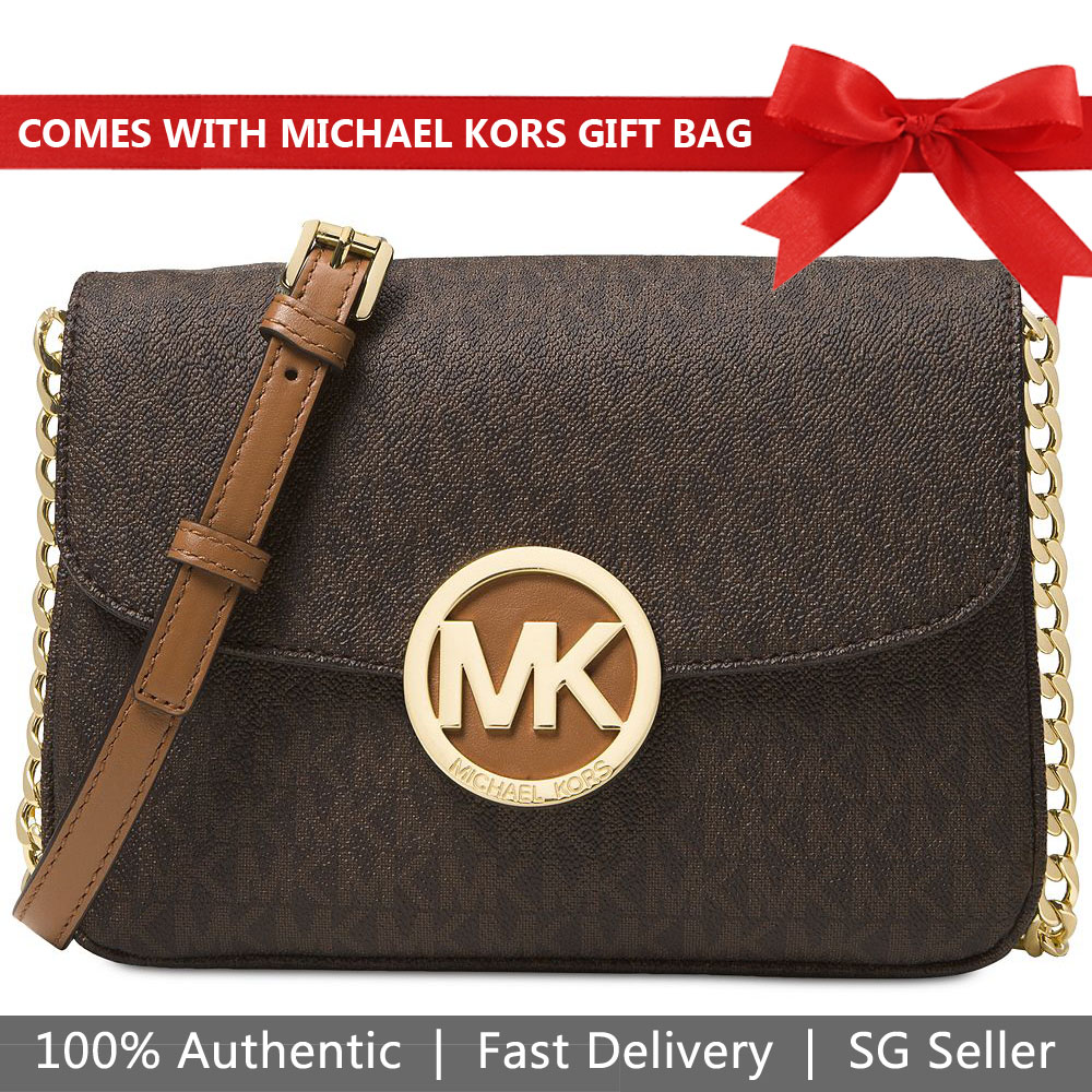 Michael Kors Crossbody Bag With Gift Bag Signature Small Fulton Flap Gusset Crossbody Brown # 32T5GFTC7B