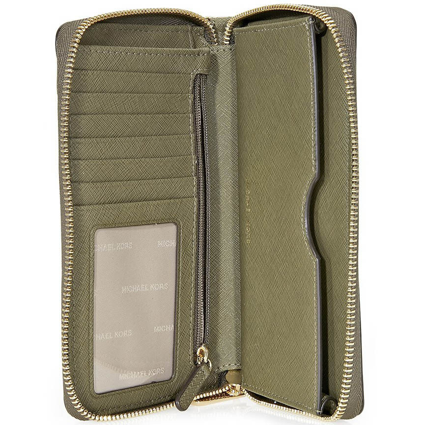 Michael Kors Jet Set Travel Large Flat Multifunctional Leather Phone Case Wristlet Olive Green # 32H4GTVE9L