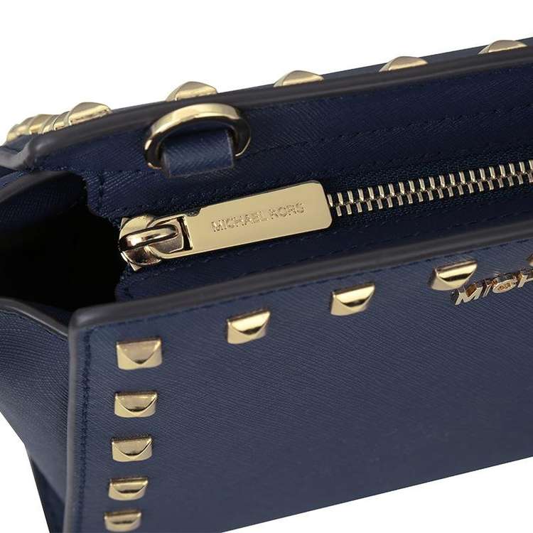 Michael Kors Medium Messenger Selma Stud Leather Satchel Crossbody Bag Navy Blue # 30T3GSMM2L