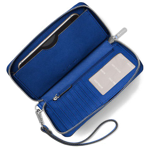Michael Kors Mercer Large Flat Multifunctional Leather Phone Case Wristlet Electric Blue # 32F6SM9E3L